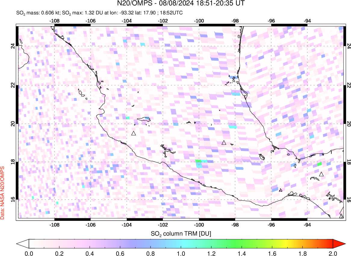 A sulfur dioxide image over Mexico on Aug 08, 2024.