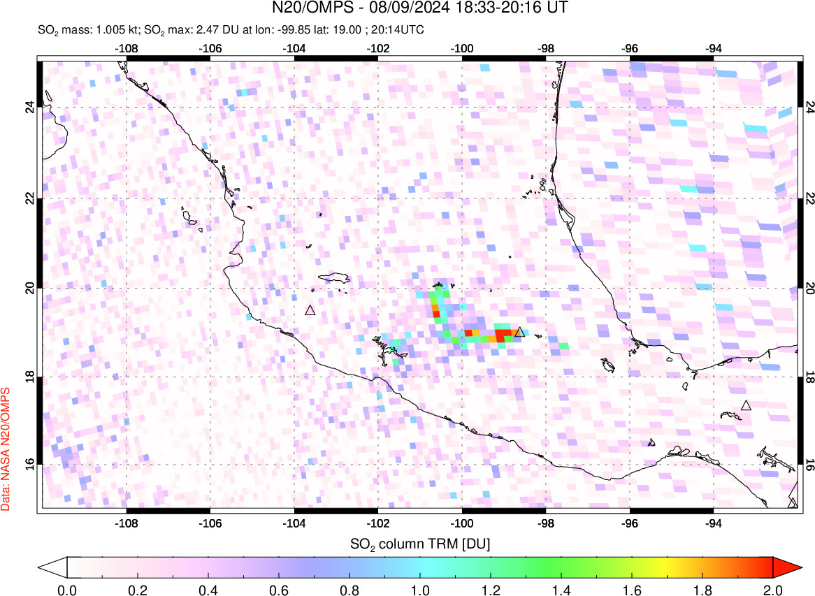 A sulfur dioxide image over Mexico on Aug 09, 2024.