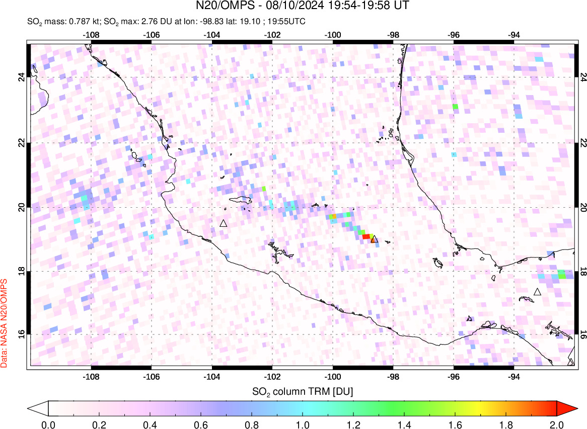 A sulfur dioxide image over Mexico on Aug 10, 2024.