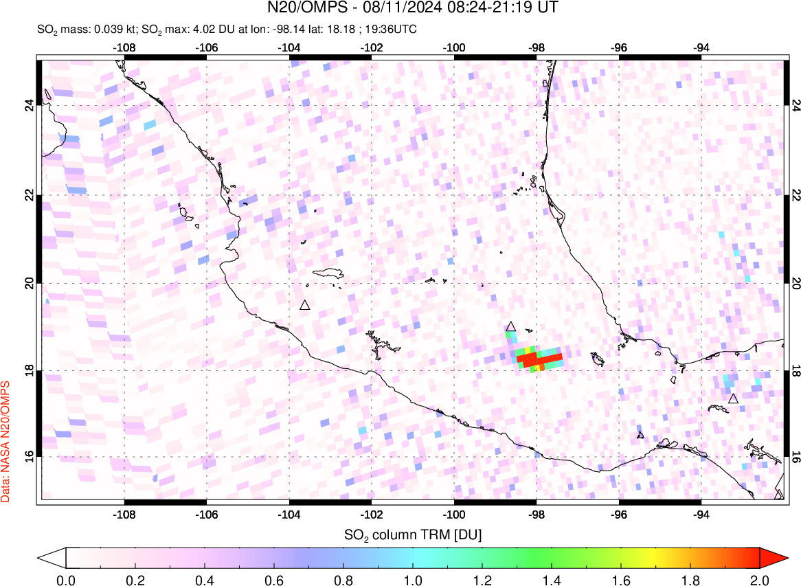 A sulfur dioxide image over Mexico on Aug 11, 2024.