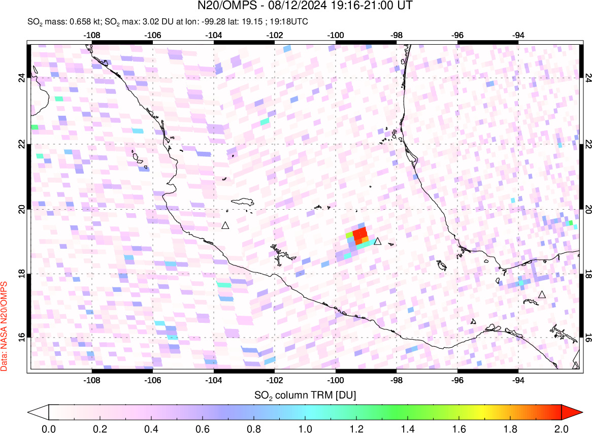 A sulfur dioxide image over Mexico on Aug 12, 2024.