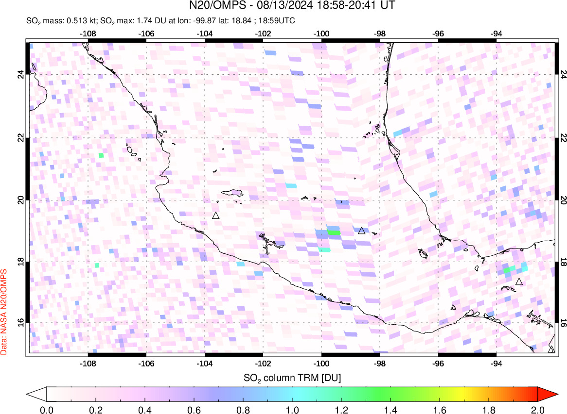 A sulfur dioxide image over Mexico on Aug 13, 2024.