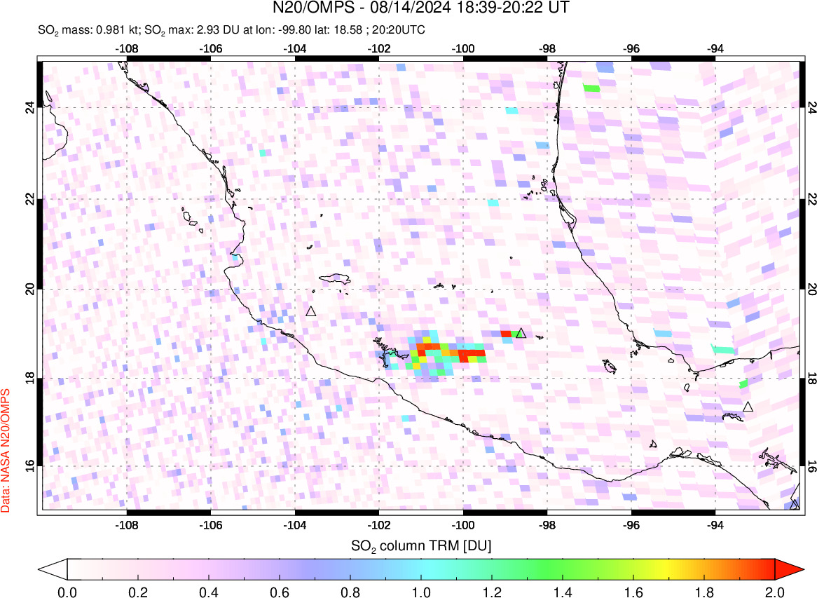 A sulfur dioxide image over Mexico on Aug 14, 2024.