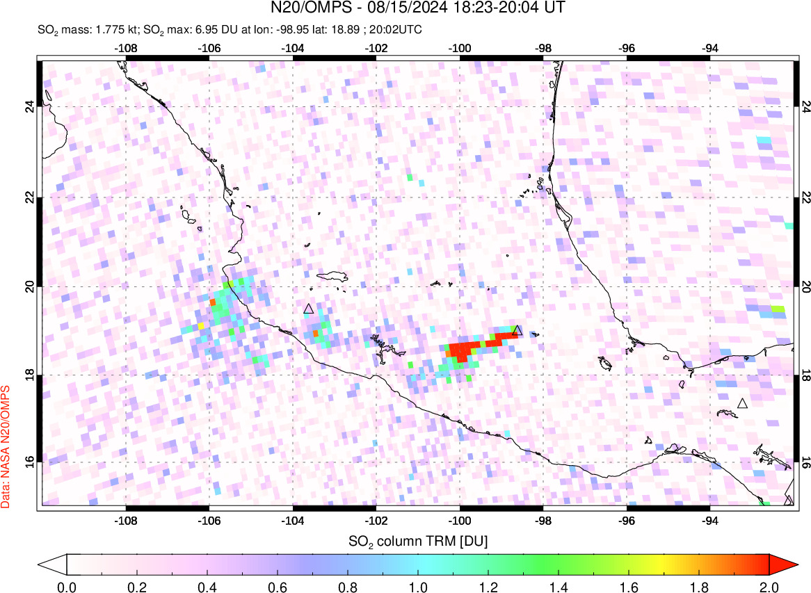 A sulfur dioxide image over Mexico on Aug 15, 2024.