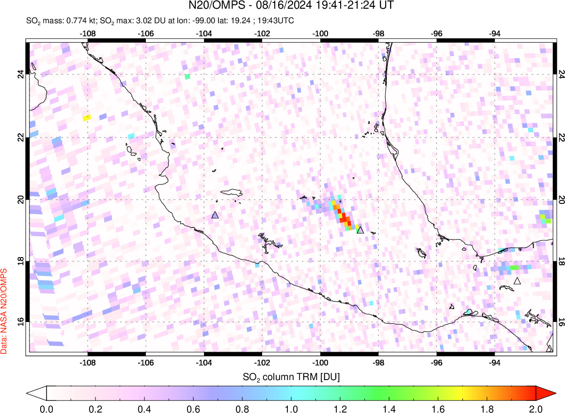 A sulfur dioxide image over Mexico on Aug 16, 2024.