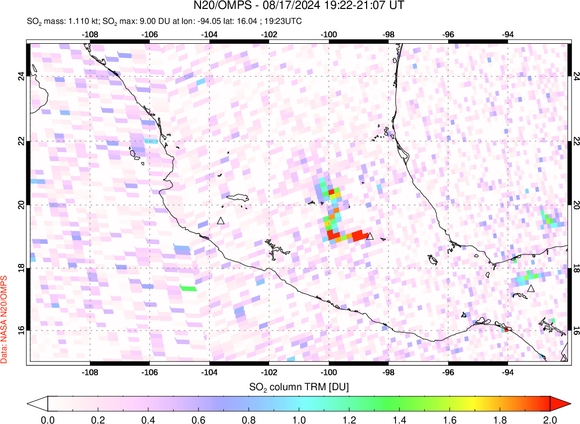 A sulfur dioxide image over Mexico on Aug 17, 2024.