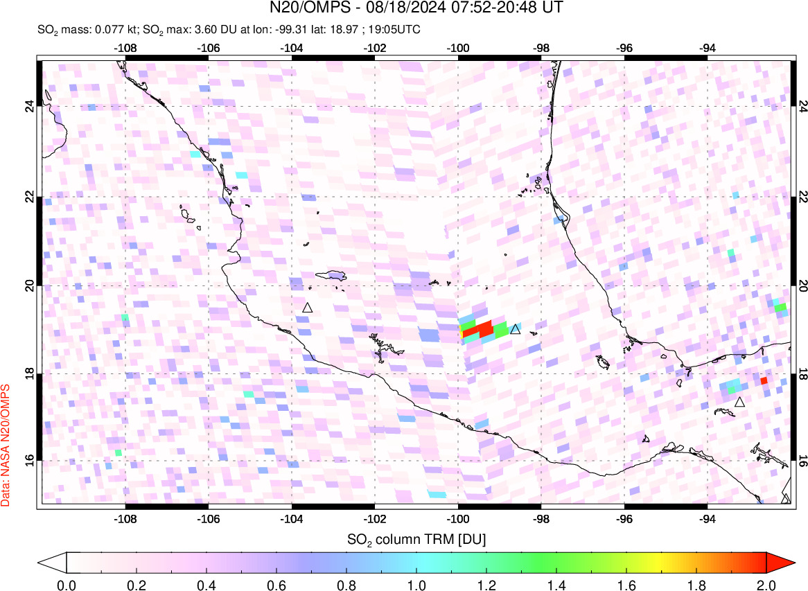 A sulfur dioxide image over Mexico on Aug 18, 2024.