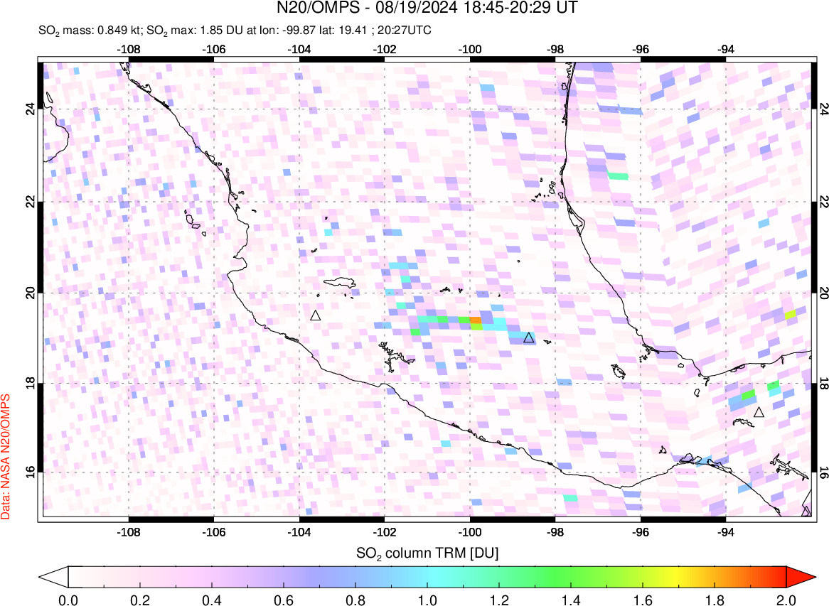 A sulfur dioxide image over Mexico on Aug 19, 2024.