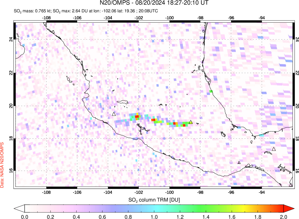 A sulfur dioxide image over Mexico on Aug 20, 2024.