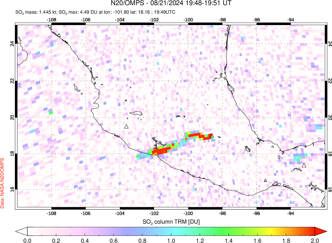 A sulfur dioxide image over Mexico on Aug 21, 2024.