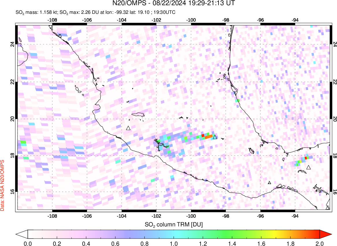 A sulfur dioxide image over Mexico on Aug 22, 2024.