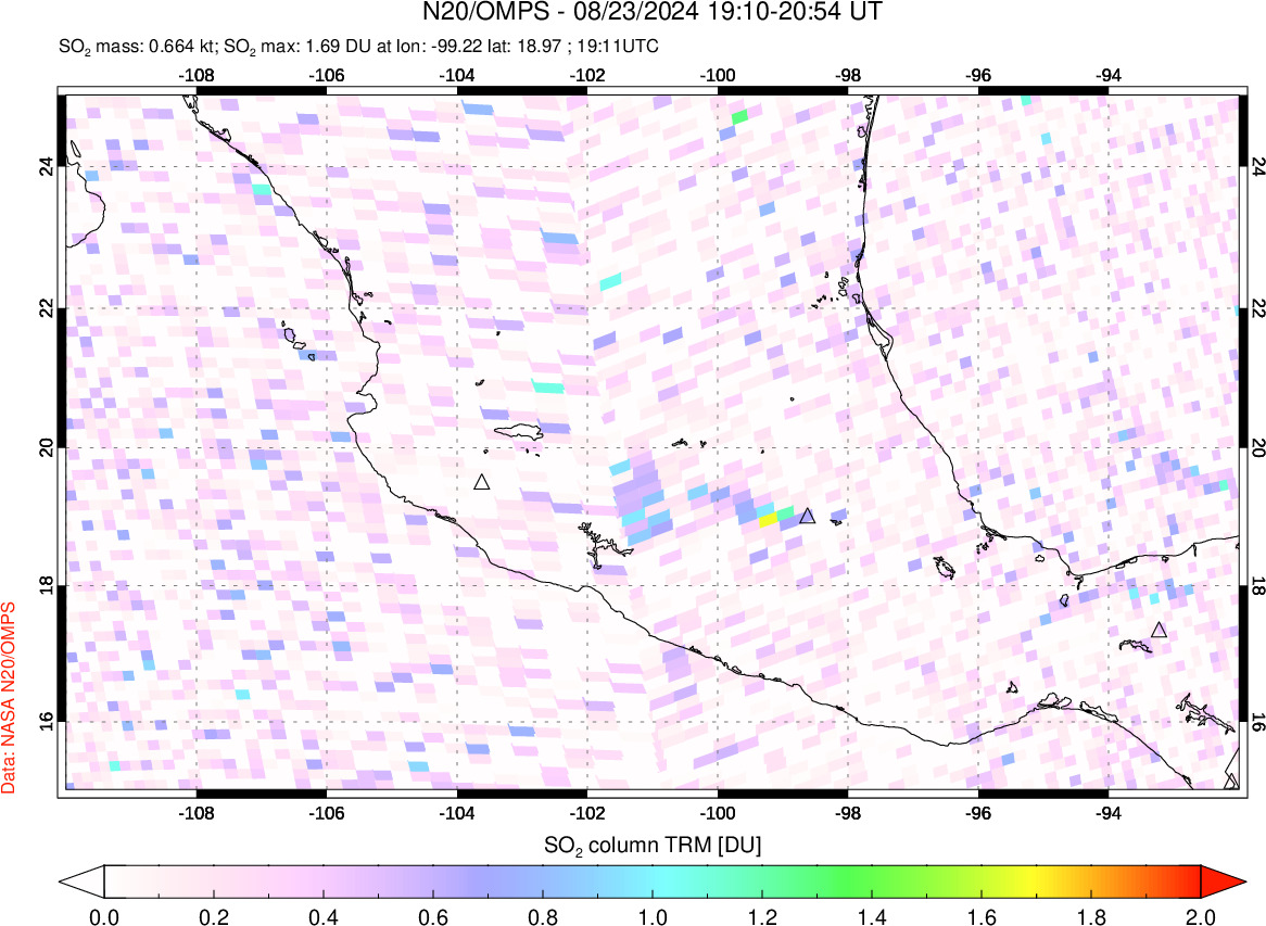 A sulfur dioxide image over Mexico on Aug 23, 2024.