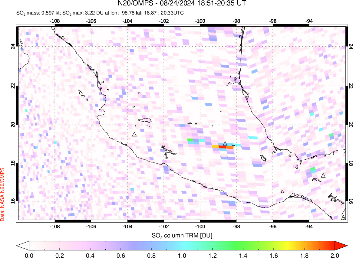 A sulfur dioxide image over Mexico on Aug 24, 2024.