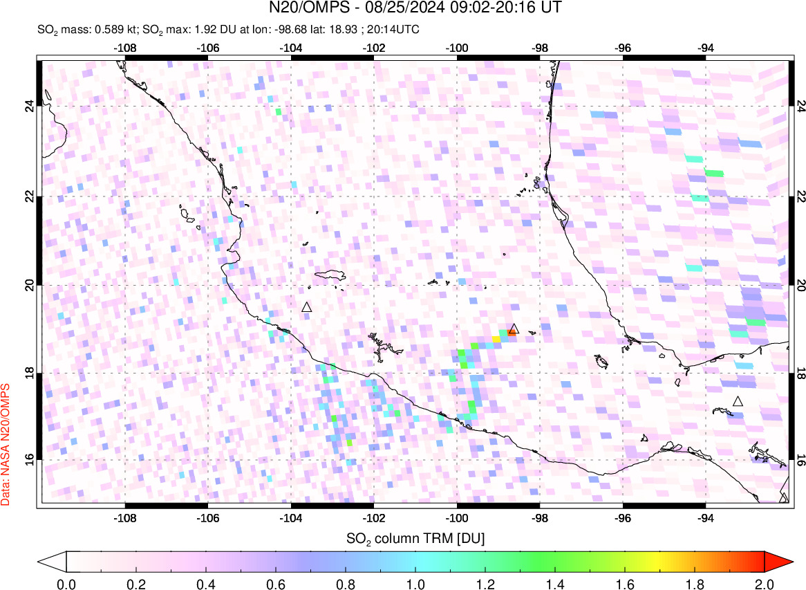 A sulfur dioxide image over Mexico on Aug 25, 2024.