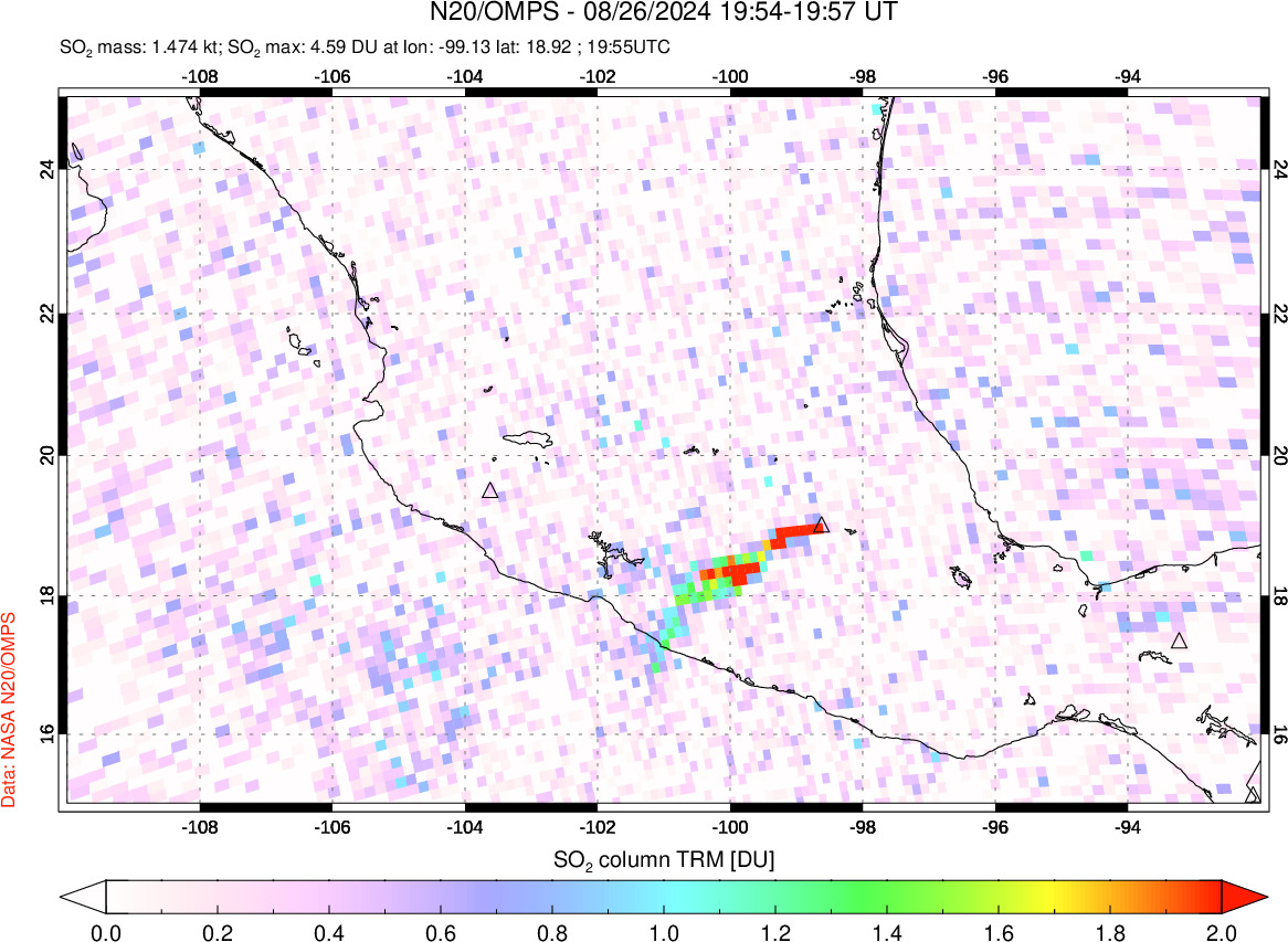 A sulfur dioxide image over Mexico on Aug 26, 2024.