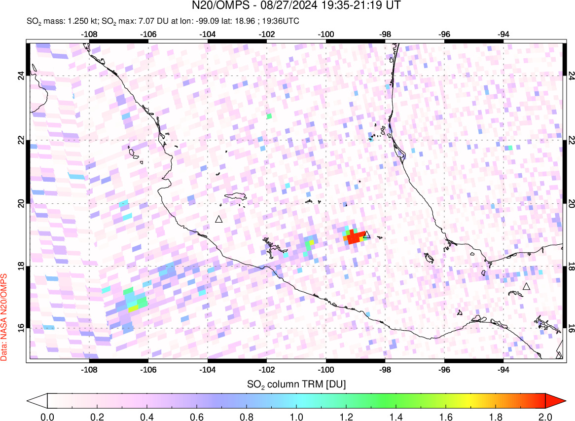 A sulfur dioxide image over Mexico on Aug 27, 2024.