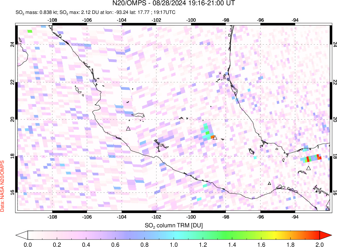 A sulfur dioxide image over Mexico on Aug 28, 2024.