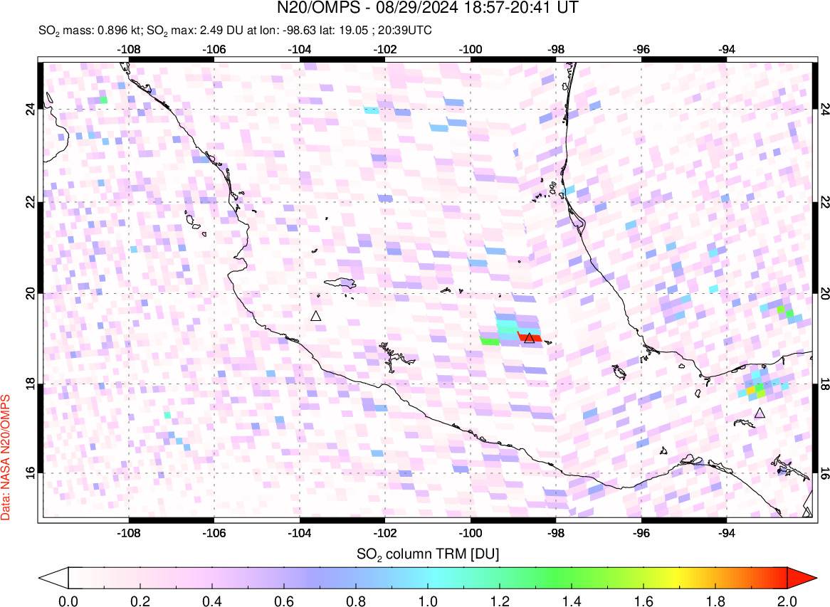 A sulfur dioxide image over Mexico on Aug 29, 2024.