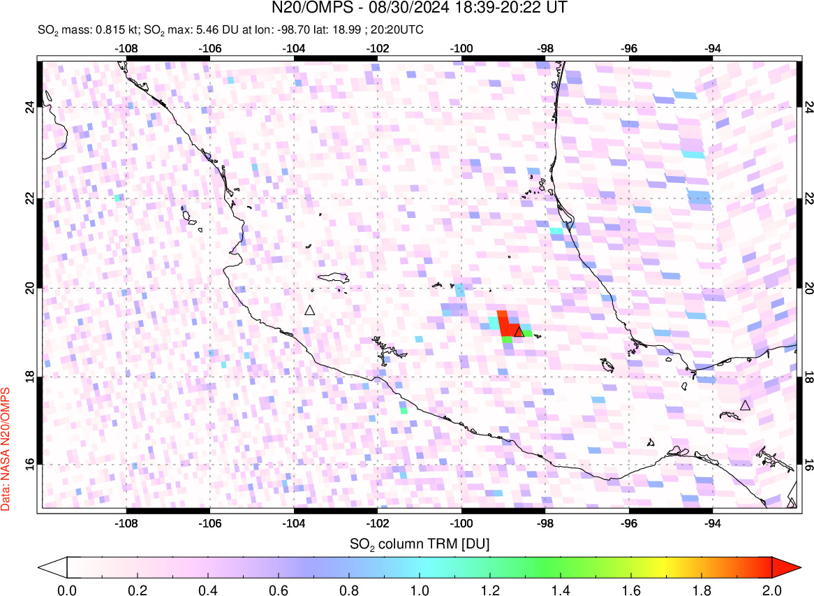 A sulfur dioxide image over Mexico on Aug 30, 2024.