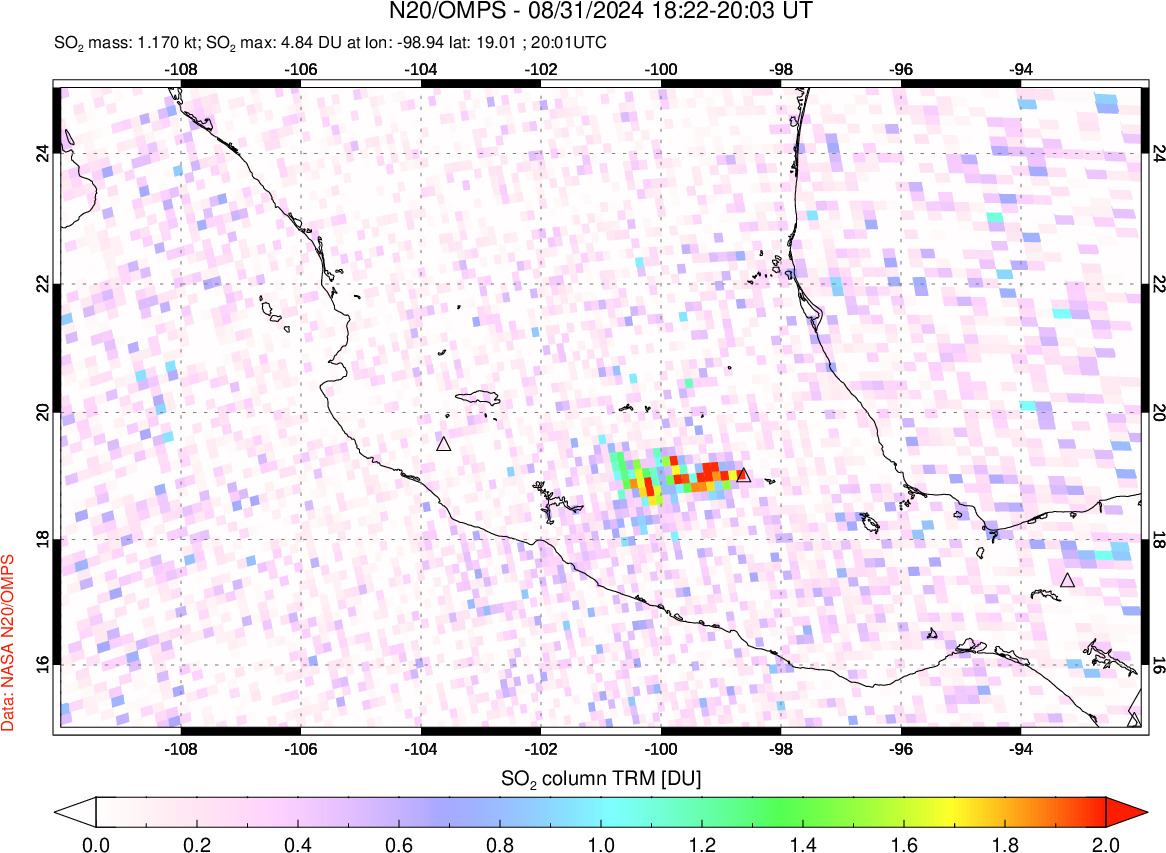 A sulfur dioxide image over Mexico on Aug 31, 2024.