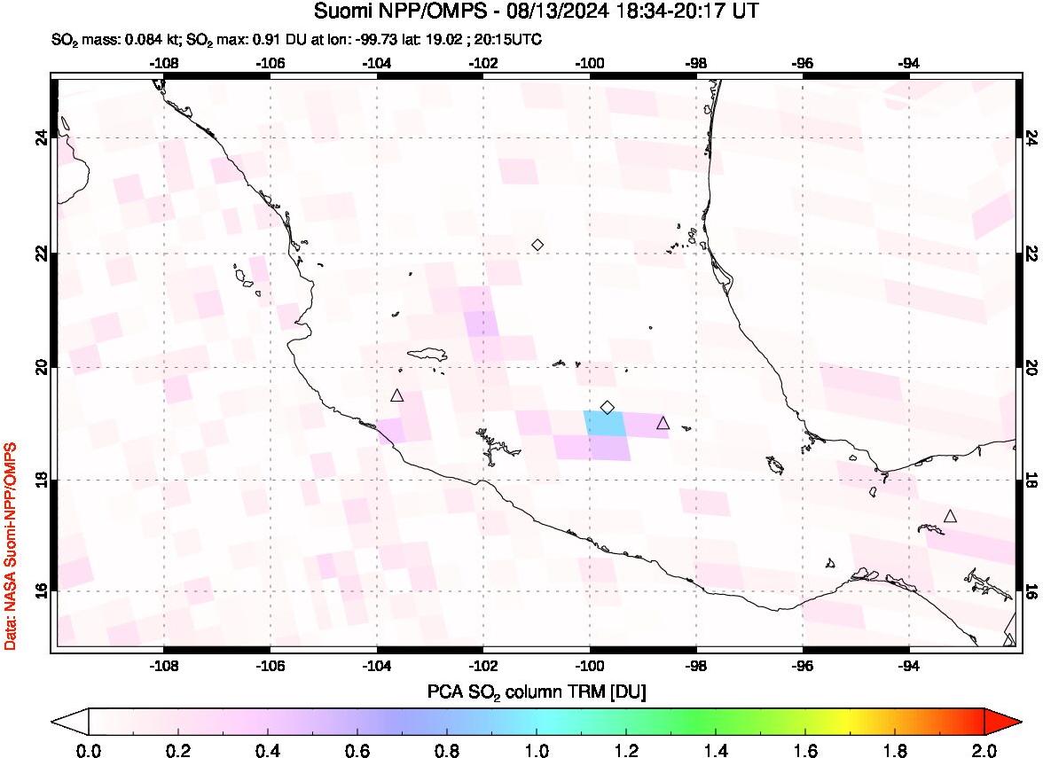 A sulfur dioxide image over Mexico on Aug 13, 2024.