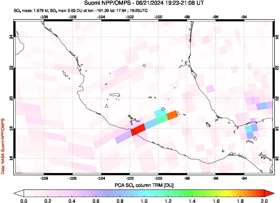 A sulfur dioxide image over Mexico on Aug 21, 2024.