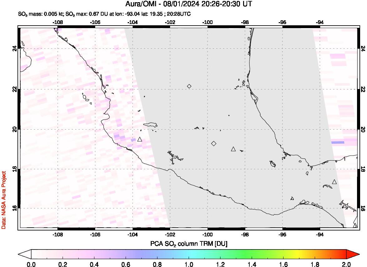 A sulfur dioxide image over Mexico on Aug 01, 2024.