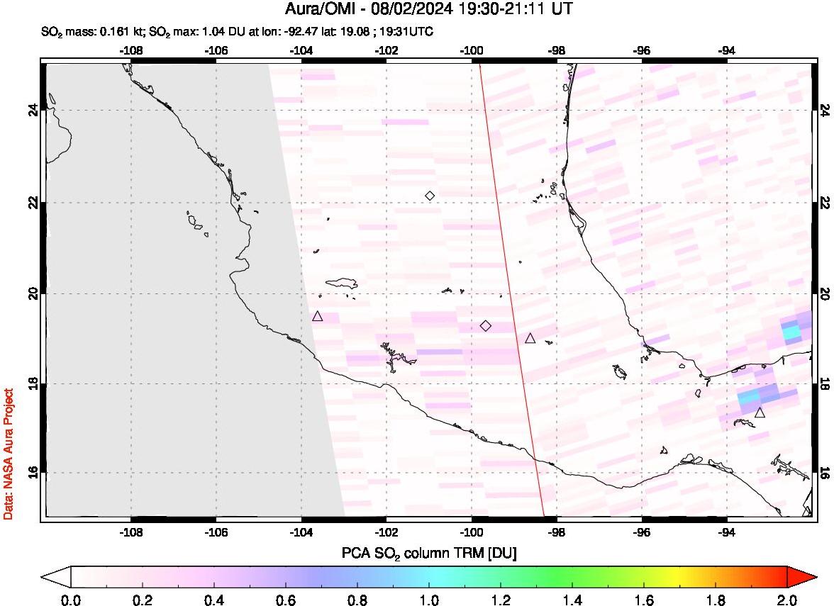 A sulfur dioxide image over Mexico on Aug 02, 2024.