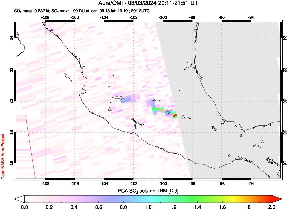 A sulfur dioxide image over Mexico on Aug 03, 2024.