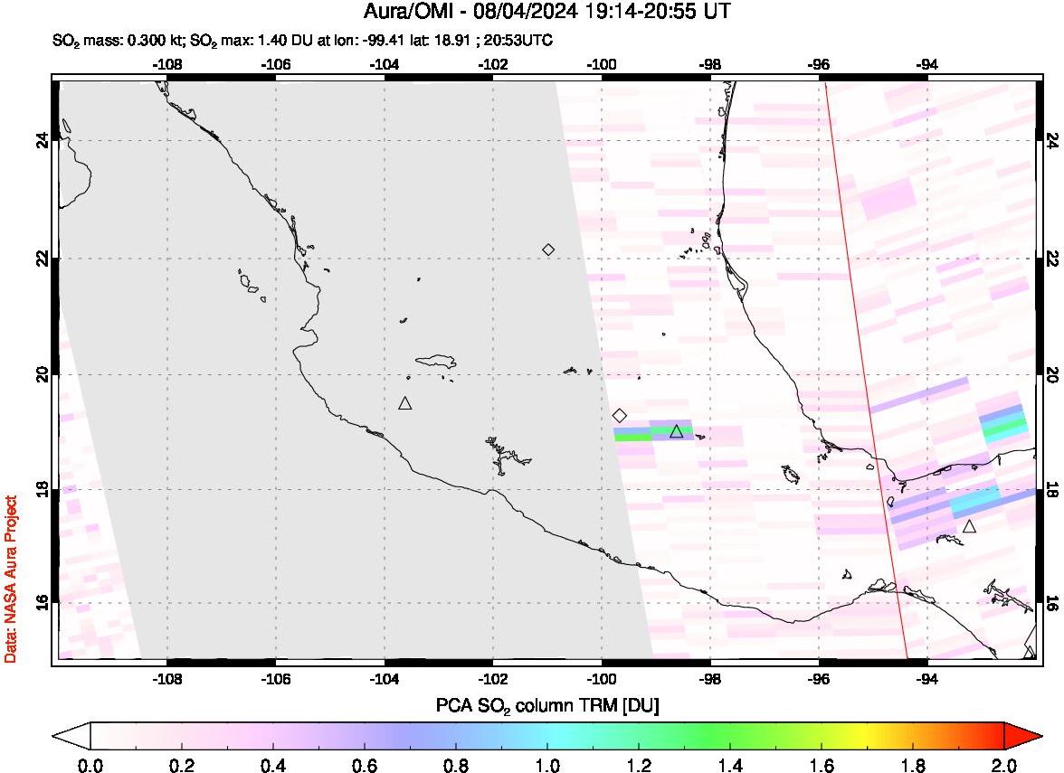 A sulfur dioxide image over Mexico on Aug 04, 2024.