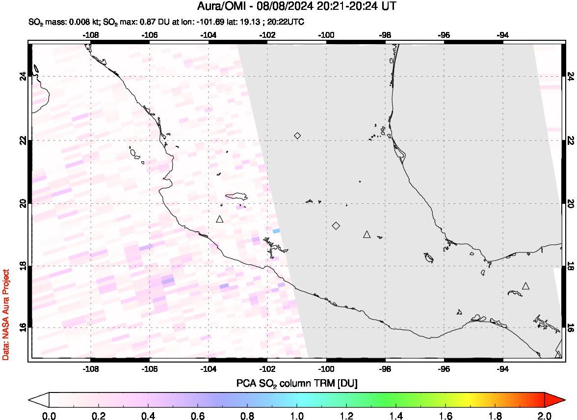 A sulfur dioxide image over Mexico on Aug 08, 2024.