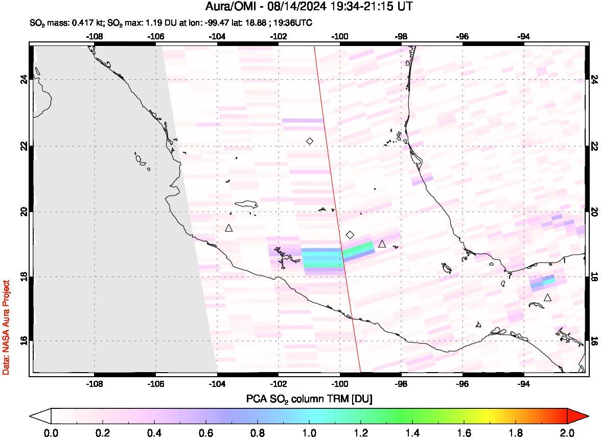 A sulfur dioxide image over Mexico on Aug 14, 2024.