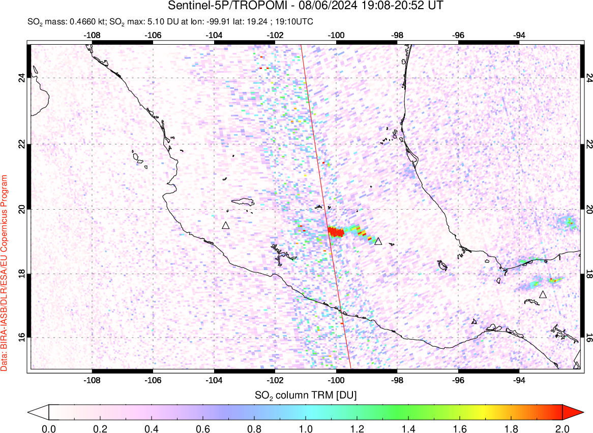 A sulfur dioxide image over Mexico on Aug 06, 2024.