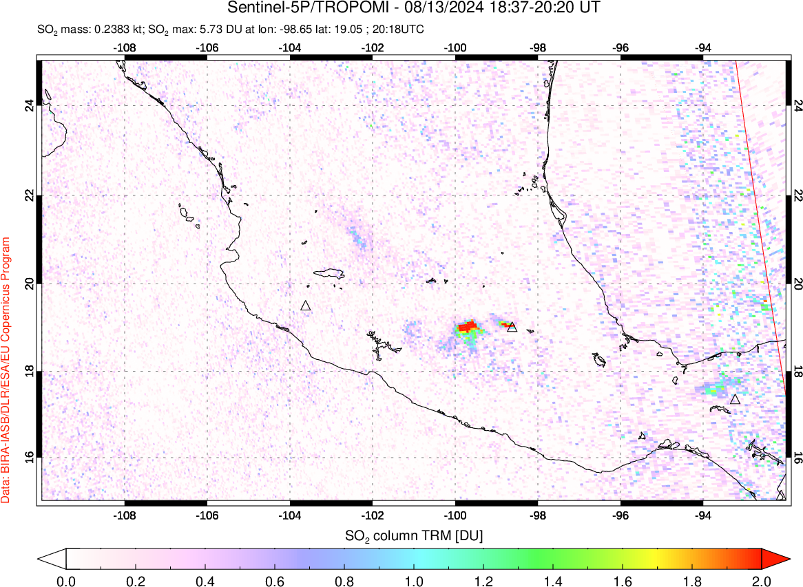 A sulfur dioxide image over Mexico on Aug 13, 2024.