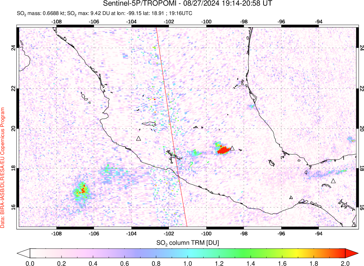 A sulfur dioxide image over Mexico on Aug 27, 2024.