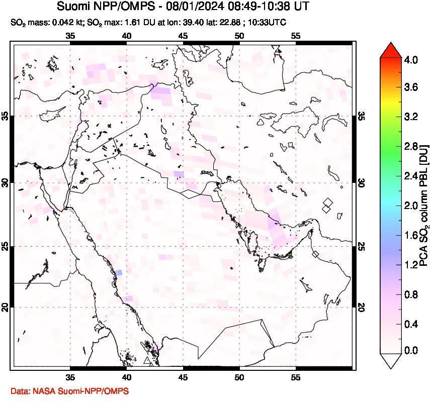 A sulfur dioxide image over Middle East on Aug 01, 2024.