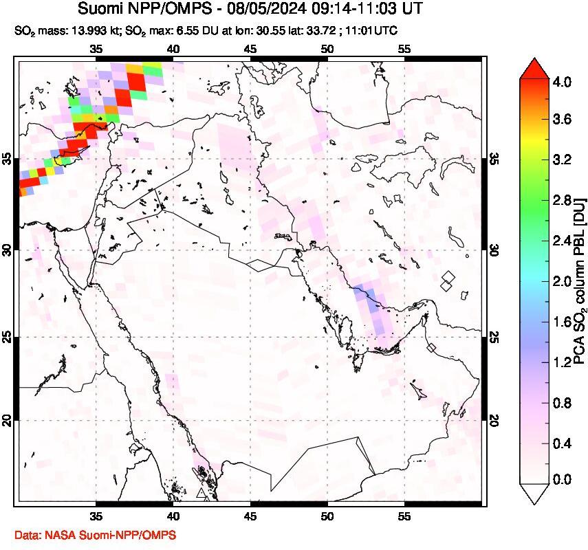 A sulfur dioxide image over Middle East on Aug 05, 2024.