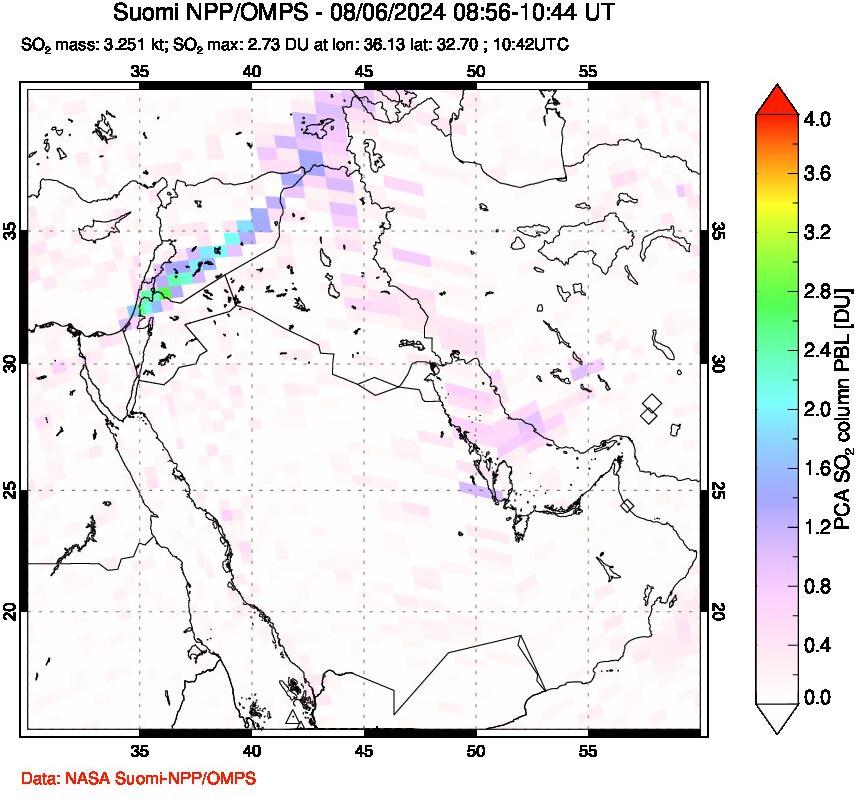 A sulfur dioxide image over Middle East on Aug 06, 2024.