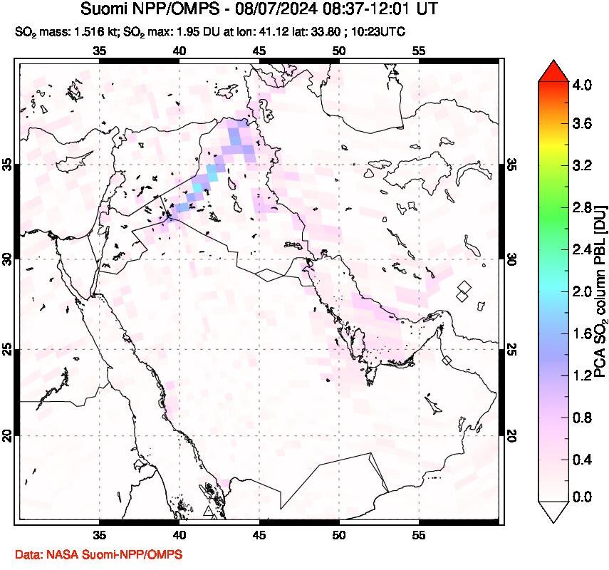 A sulfur dioxide image over Middle East on Aug 07, 2024.