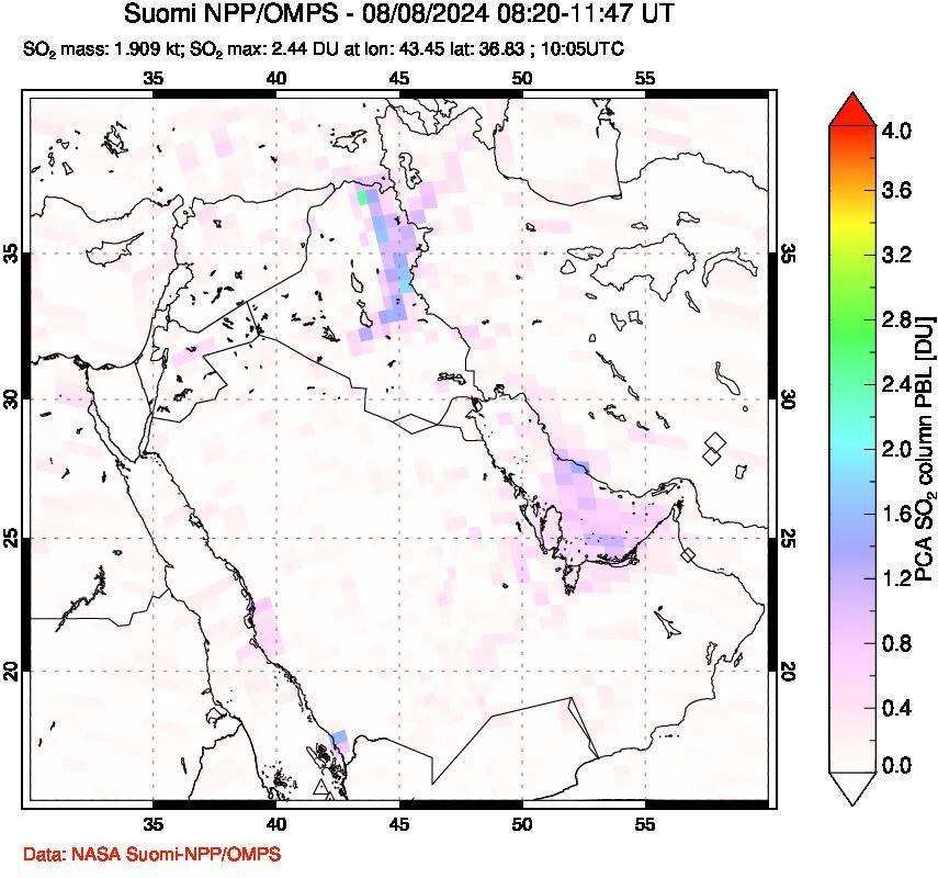 A sulfur dioxide image over Middle East on Aug 08, 2024.