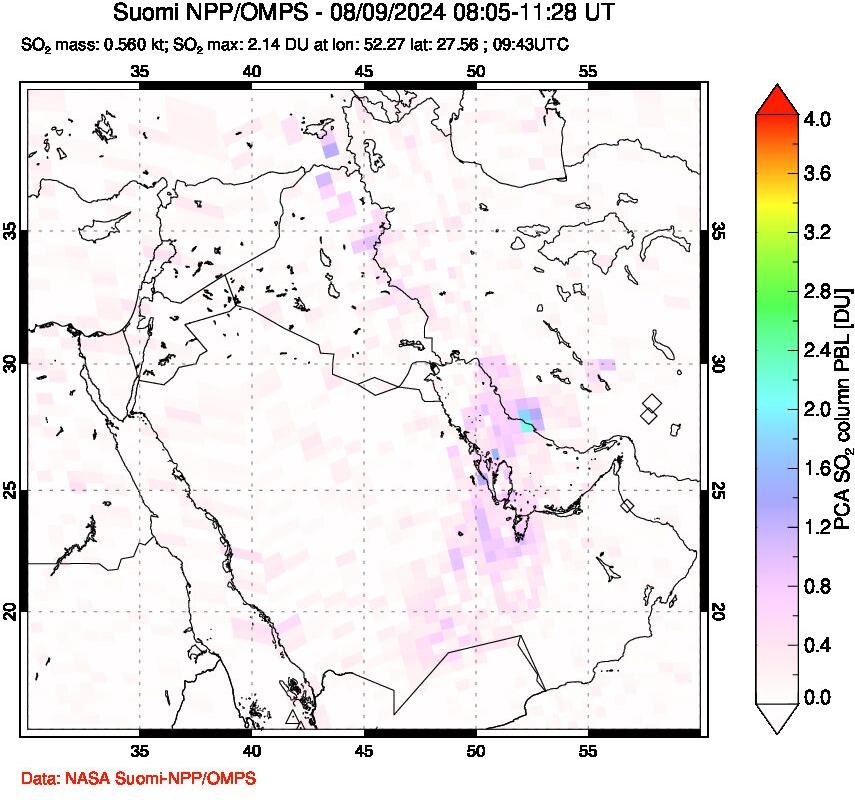 A sulfur dioxide image over Middle East on Aug 09, 2024.