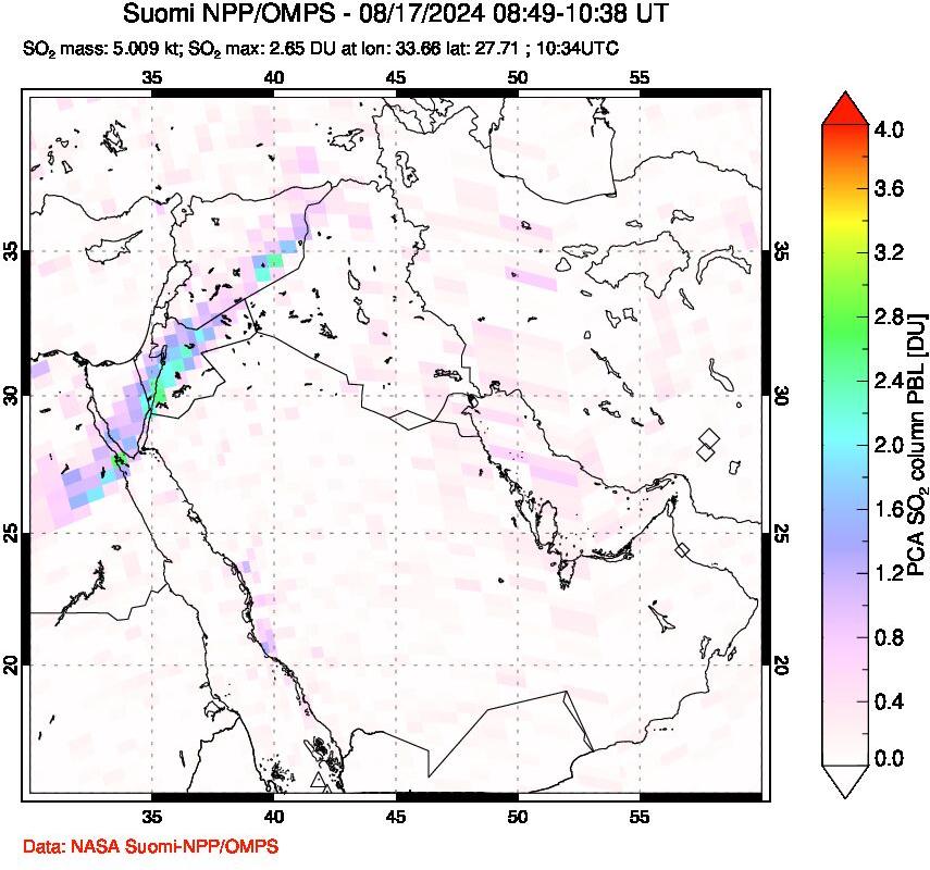 A sulfur dioxide image over Middle East on Aug 17, 2024.