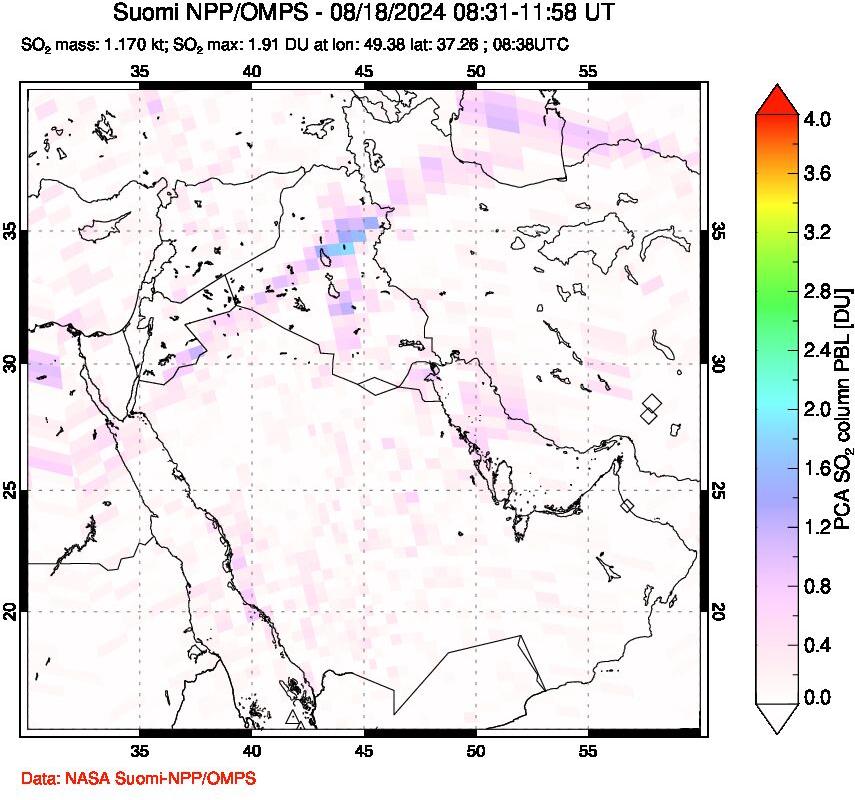 A sulfur dioxide image over Middle East on Aug 18, 2024.