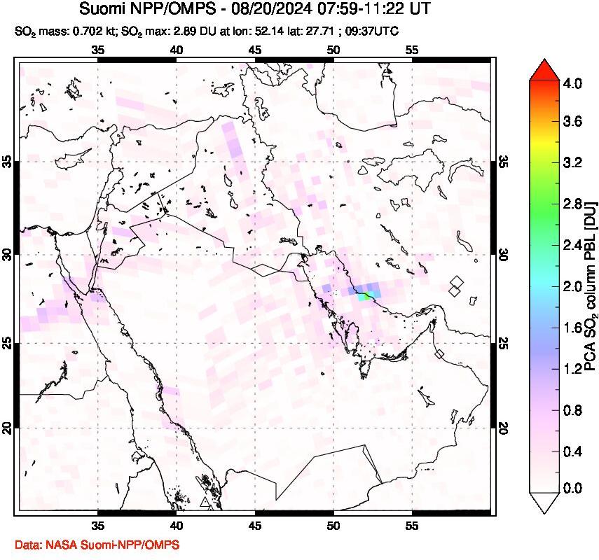 A sulfur dioxide image over Middle East on Aug 20, 2024.