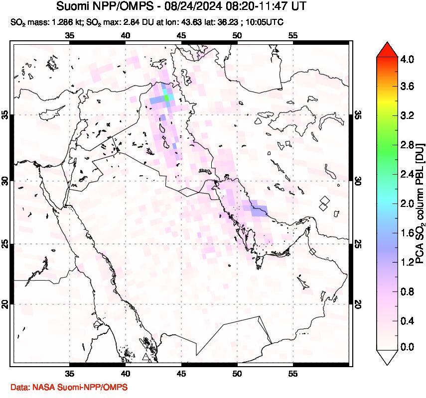 A sulfur dioxide image over Middle East on Aug 24, 2024.