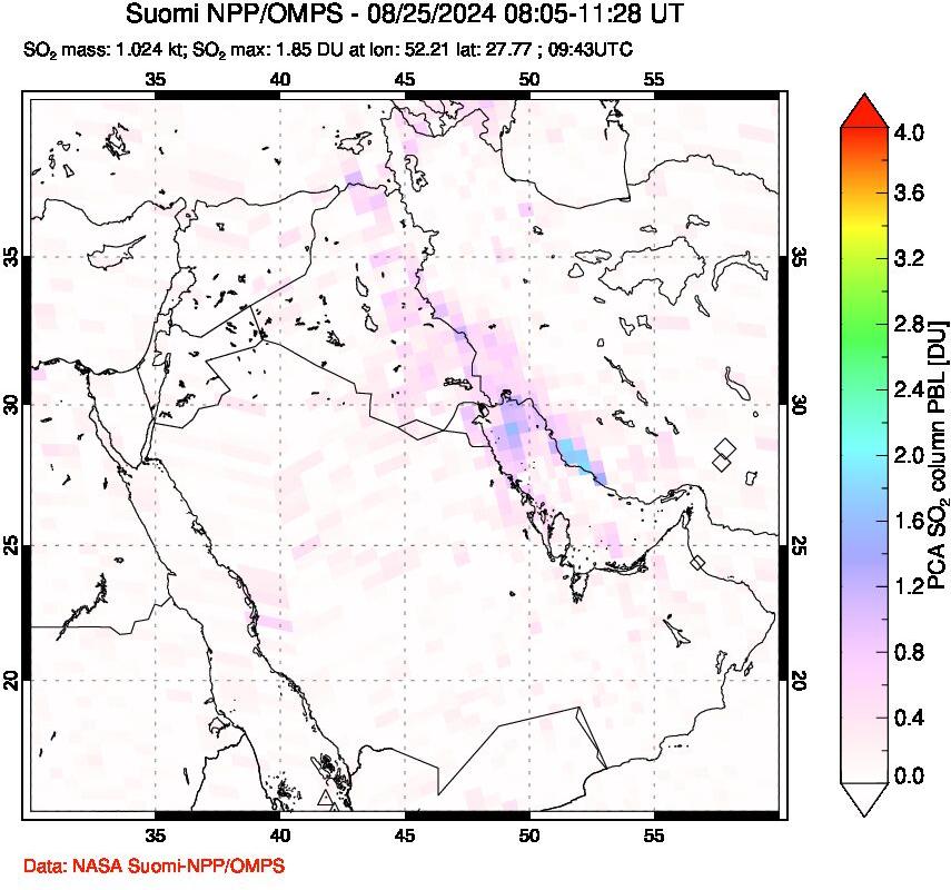 A sulfur dioxide image over Middle East on Aug 25, 2024.