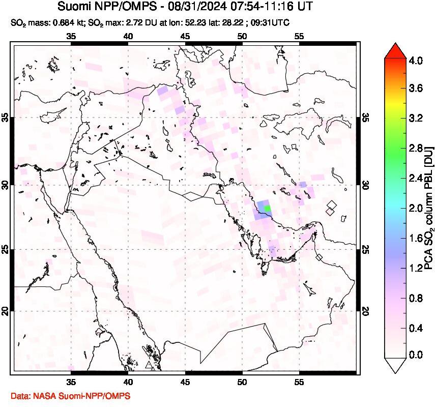 A sulfur dioxide image over Middle East on Aug 31, 2024.