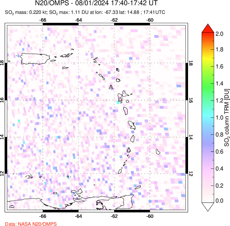 A sulfur dioxide image over Montserrat, West Indies on Aug 01, 2024.