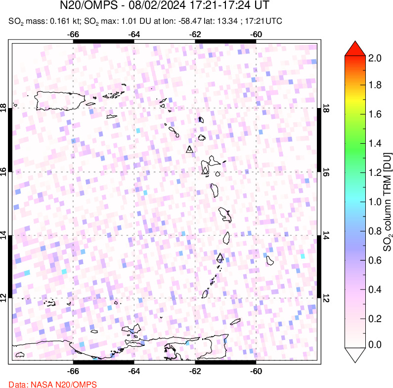 A sulfur dioxide image over Montserrat, West Indies on Aug 02, 2024.