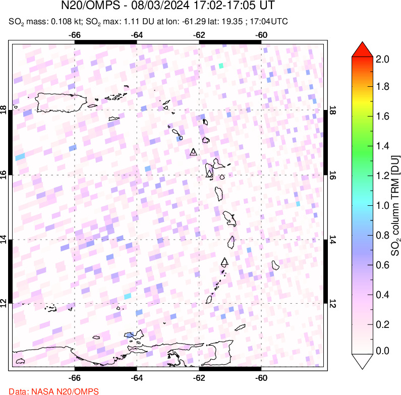 A sulfur dioxide image over Montserrat, West Indies on Aug 03, 2024.